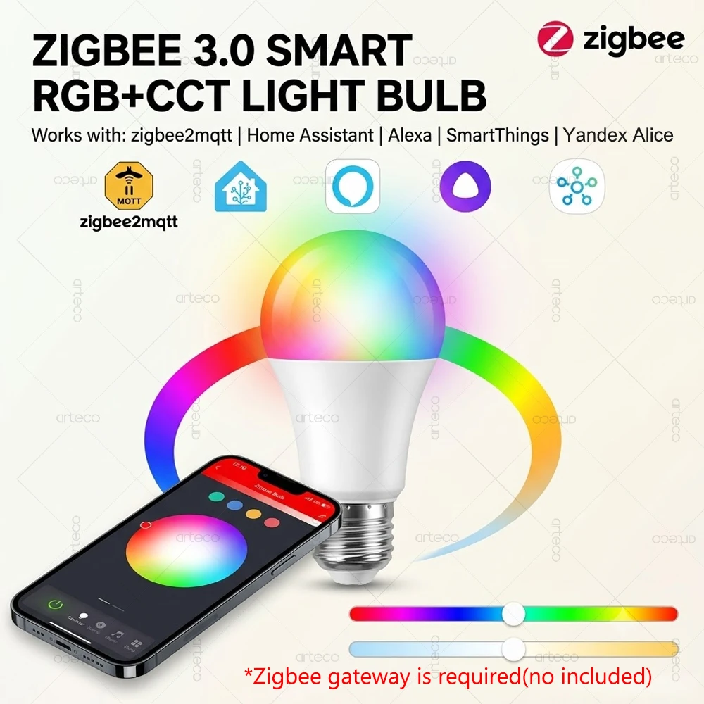 18W 15W Zigbee 3.0 Led Light bulb E27 Smart Lamp RGBCW Works With Alexa Echo Plus Voice Control Home Assistant Z2M Yandex Hub
