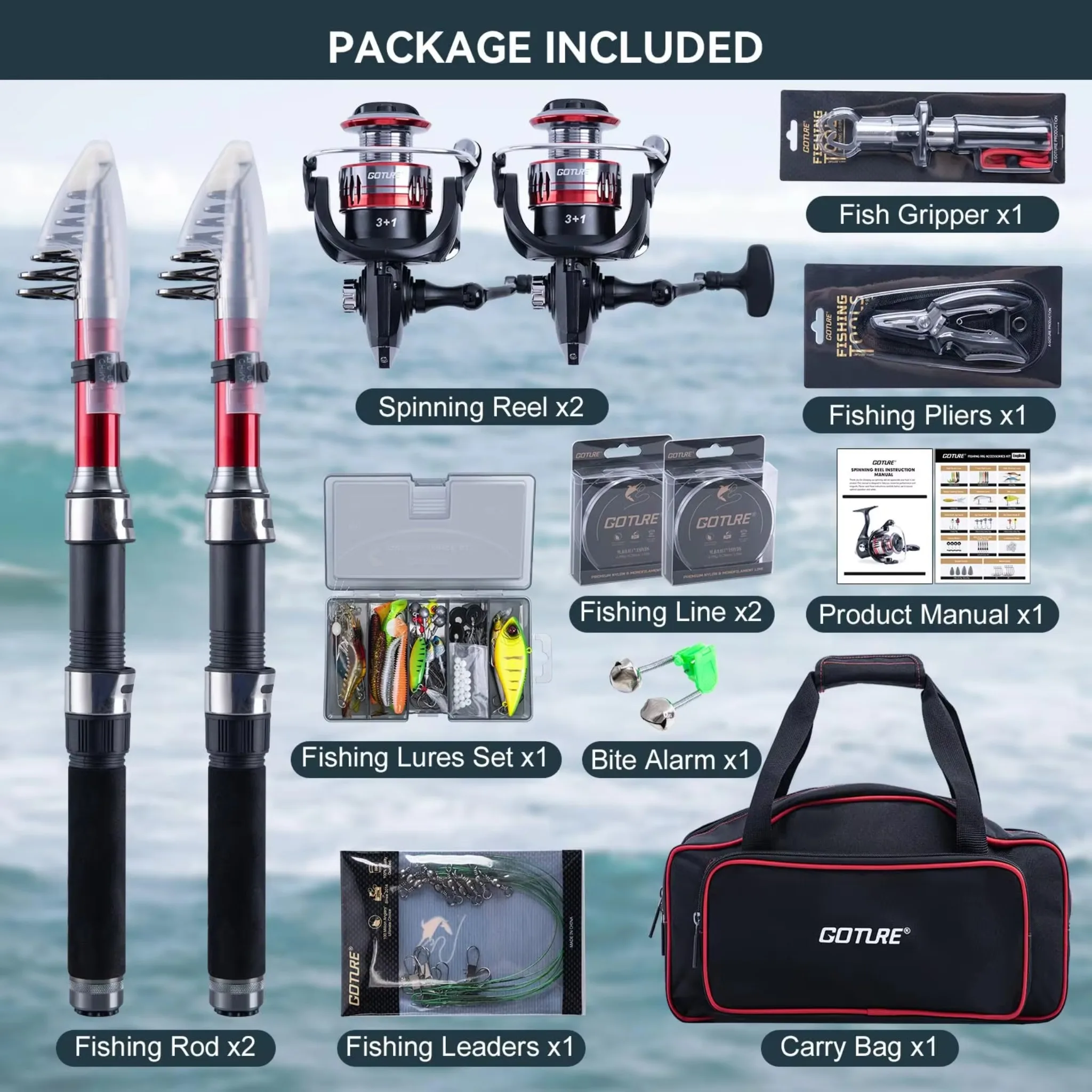 Reel Bag - ชุดคันเบ็ดตกปลาแบบยืดหดได้ 2 ชิ้น พร้อมรอกสปินนิ่ง ครบชุด อุปกรณ์ตกปลา