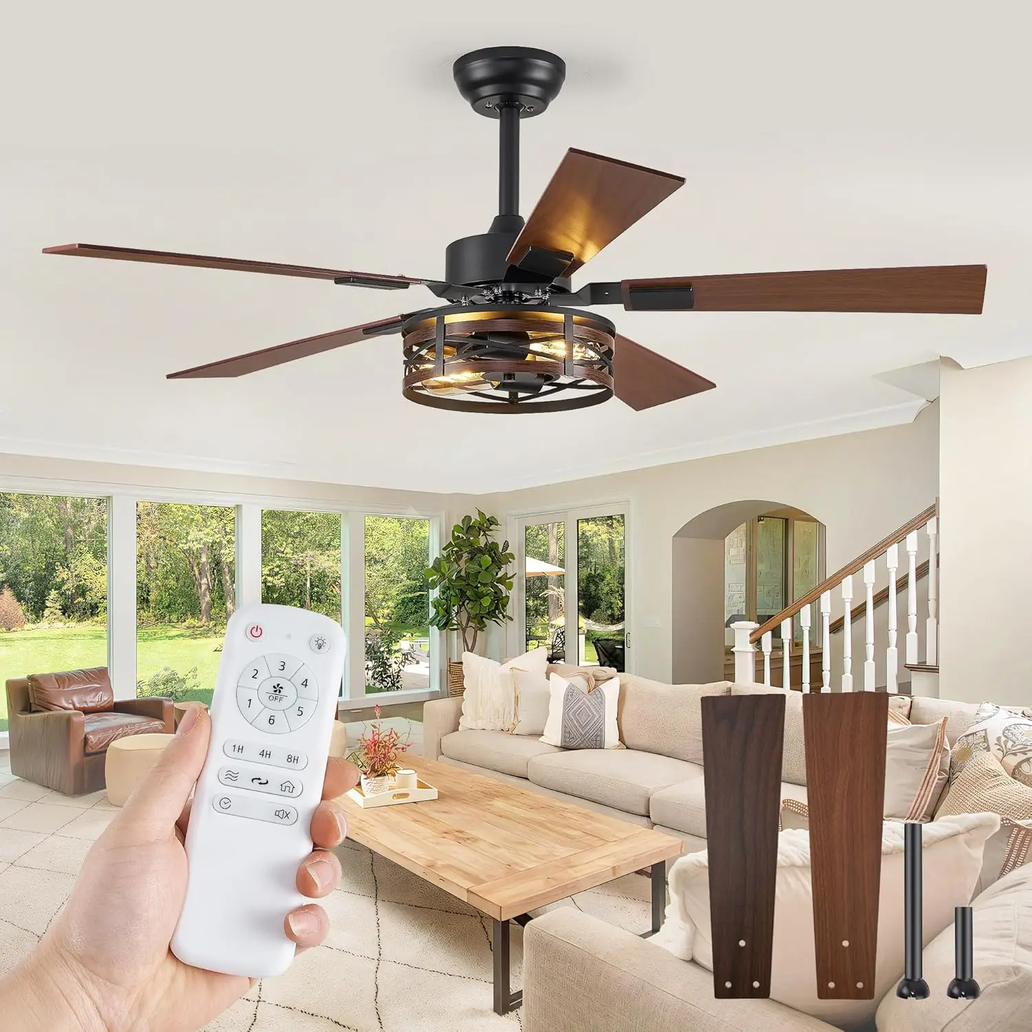 

48 Inch Farmhouse Ceiling Fan with Light, 6-Speed DC Motor, Reversible, Dual Finish Blades, Caged Design for Living Room Bedroom