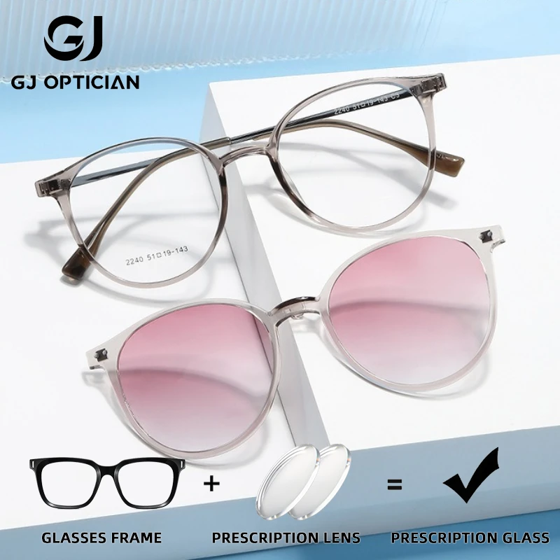 

GJ OPTICIAN новые солнцезащитные очки двойного назначения с магнитным зажимом для линз, женские оптические очки по рецепту, круглые ретро очки для близорукости с защитой от синего света