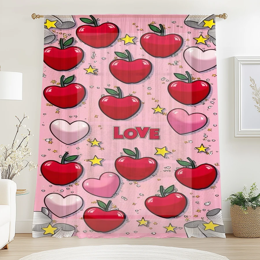 1PC Pink Red Apple Love Heart Sheer Curtain Valentine Romantic Window Drape Light Filtering for Bedroom Living Room Home Decor