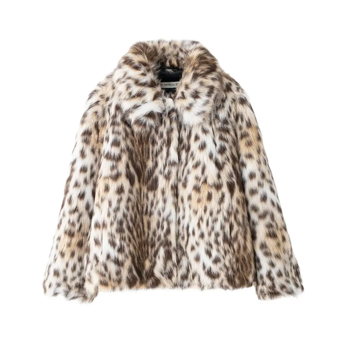 Winter hot style lapel concealed button warm leopard print fur coat for women fashionable and versatile fur coat