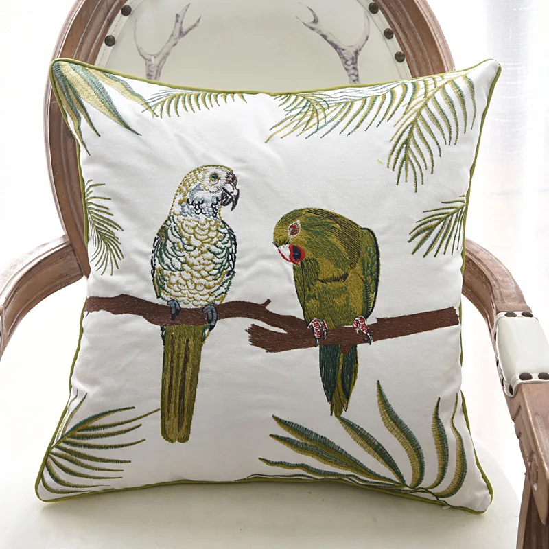 Pillow Cover Parrot Embroidered Pillowcase Sofa Cushion Cover Home Textile Decoration Cotton and Linen 45x45