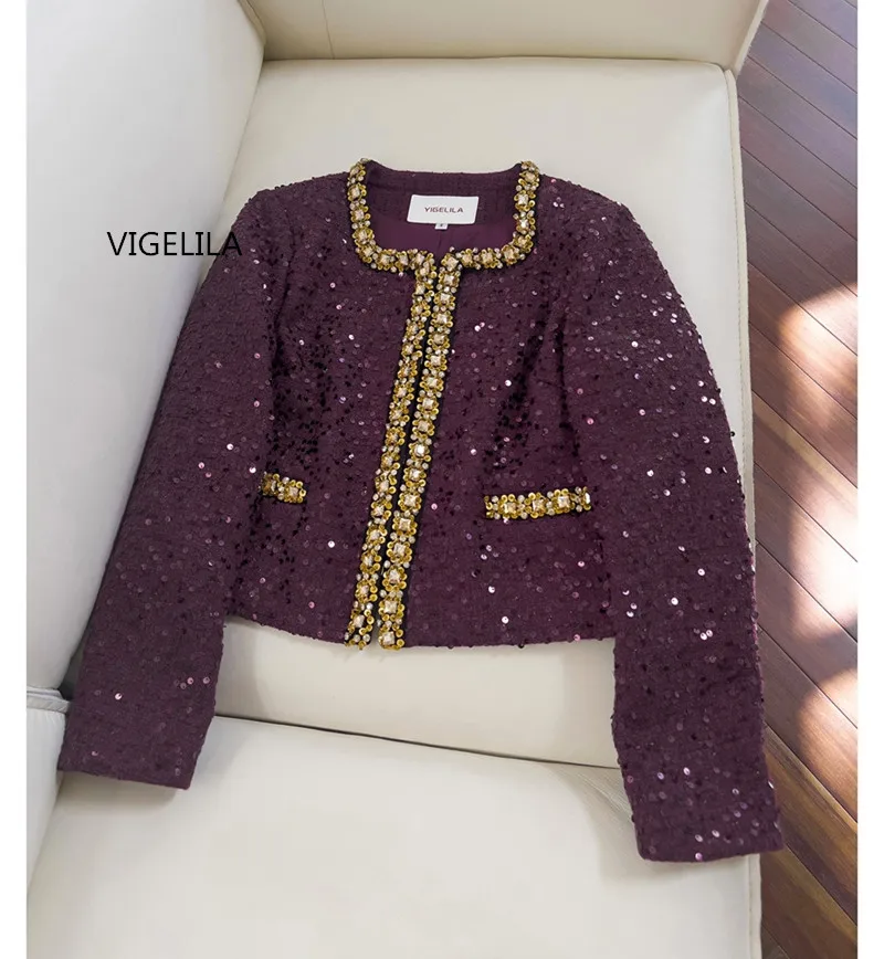 YIGELILA-Women's Sequins Beading Tweed Coat, Ladies Overcoat, Top Quality, Elegant, Purple, New, Vintage, Autumn, 2024