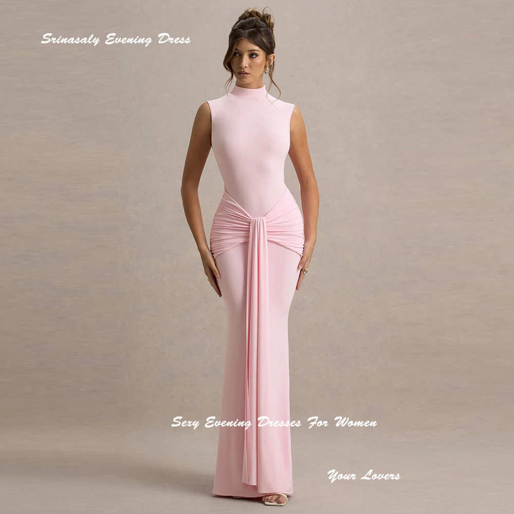 كريب فساتين السهرة الوردية المخصصة س الرقبة كوكتيل حزب العباءات مع عقدة مستقيم مطوي بلا أكمام فستان الحفلة الراقصة Ruched