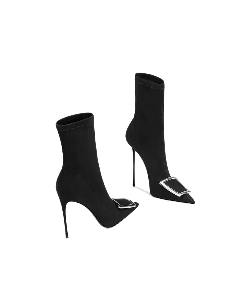 

Autumn and Winter New Women's High-heeled Shoes with Pointed Slender Heels and Metal Square Buckle Fashion Boots