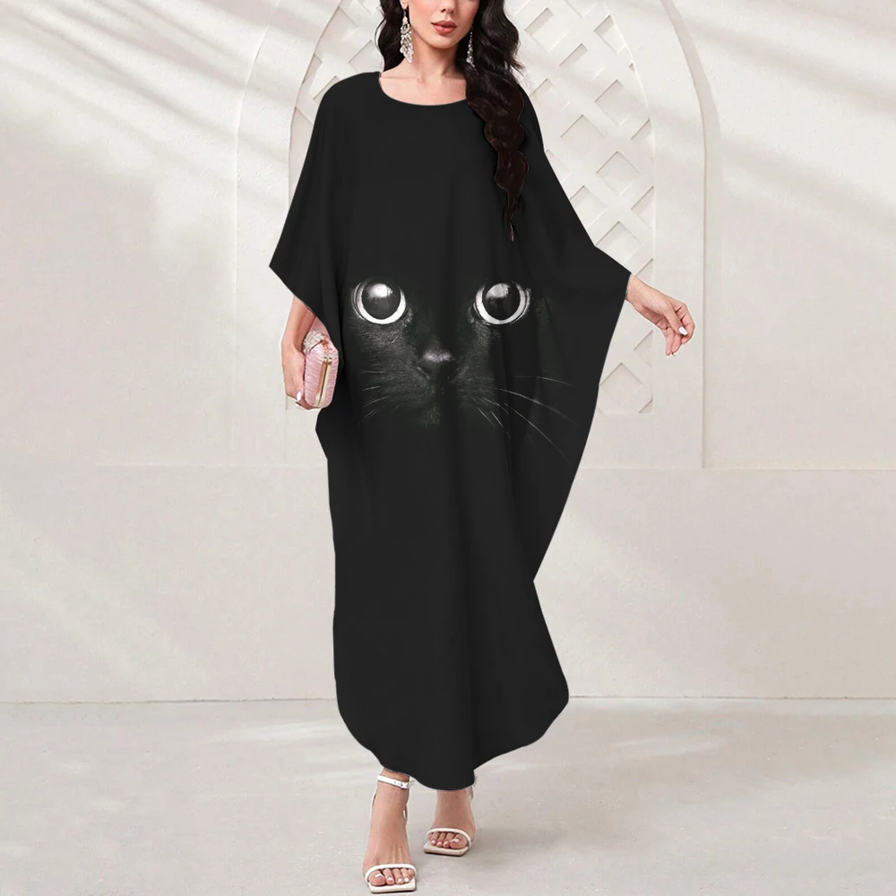 New Summer Women's Muslim Dress Fun Cat Print Loose Robe Eid Al-Fitr Women Outdoor Shopping Dress High Quality Dinner Dress