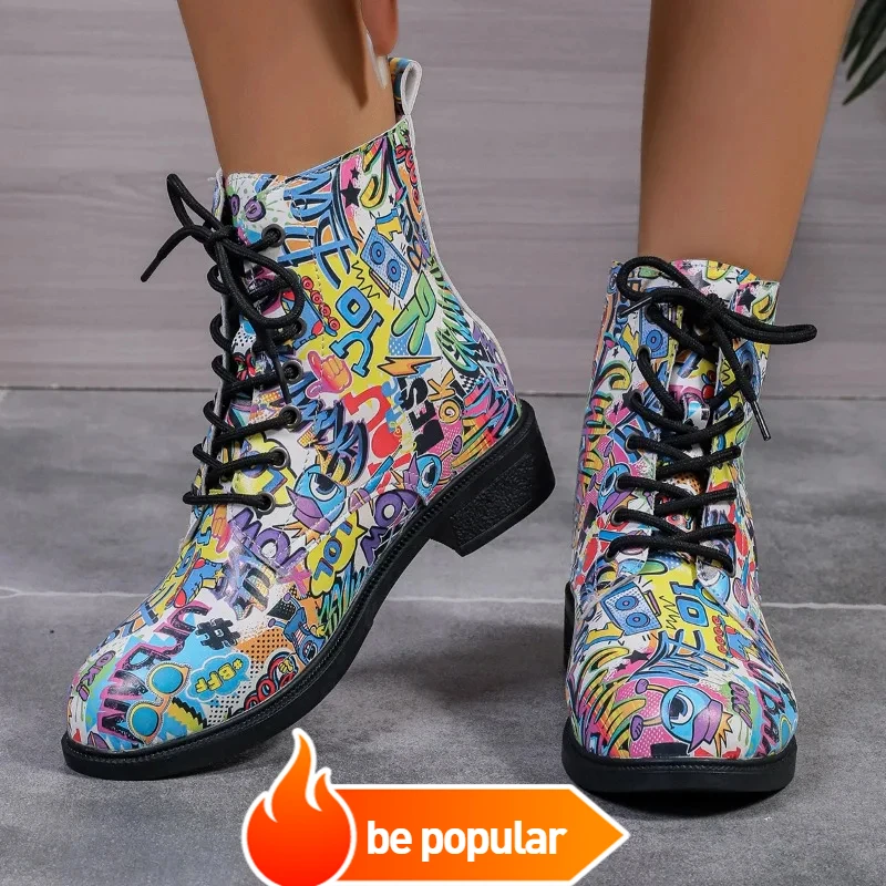 Autumn New Chunky Single Boots Women's Fashion Round Head Printed Front Lace-up Anti-slip Wear-resistant Short Boots