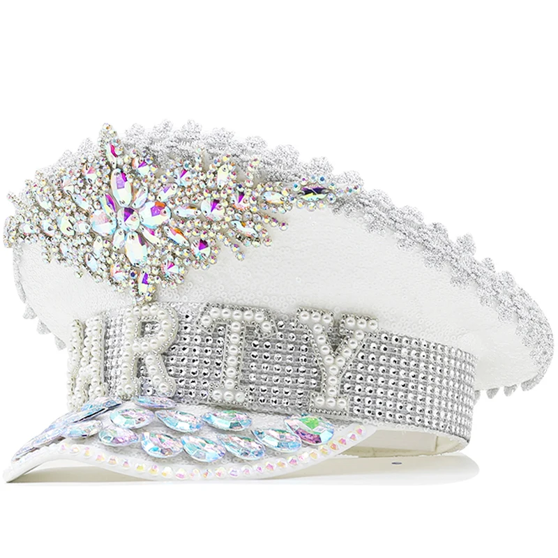 

Handmade Sequined & Beaded White Luxury Rhinestone Bridal Hat Wedding Accessories Women Gothic Rave Party Club Wear Cosplay Prop