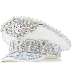 Luxury Rhinestone Women Wedding Bride Captain Hat silver Military Hat Sergeant Hat Hen Festival Birthday Part Hat