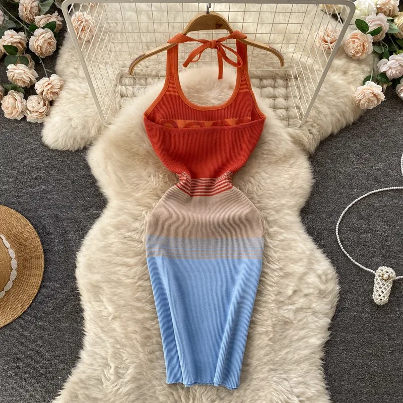 YuooMuoo Fashion Y2K Gradient Knitted Women Dress Sexy Halter Backless Slim Elastic Bodycon Summer Dress Streetwear Vestidos