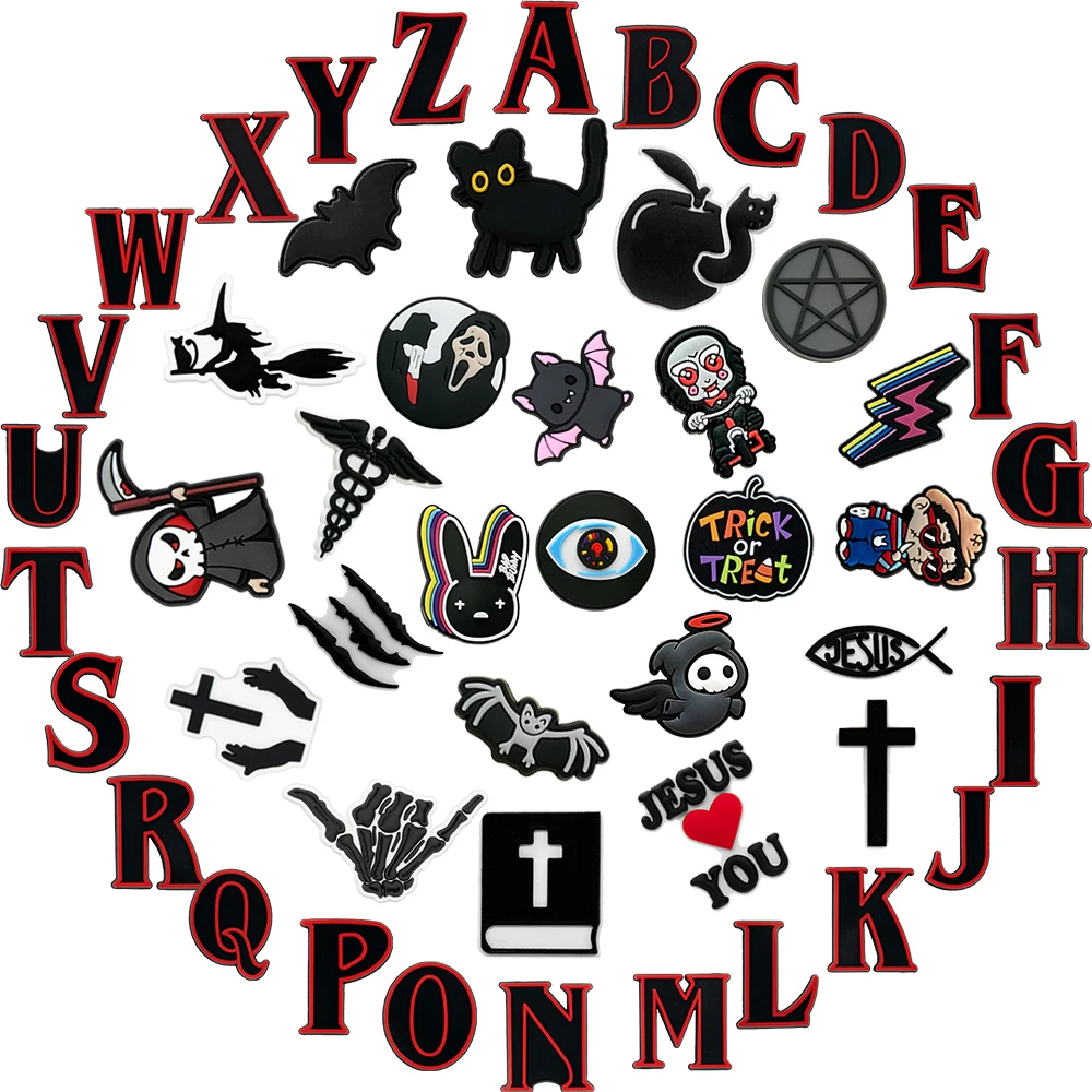 1/50PCS Black&Red Alphabet Shoe Charms Cross Death God Black Cat Shoe Clog Accessories Pins Funny Style Shoe Buckle Decorations