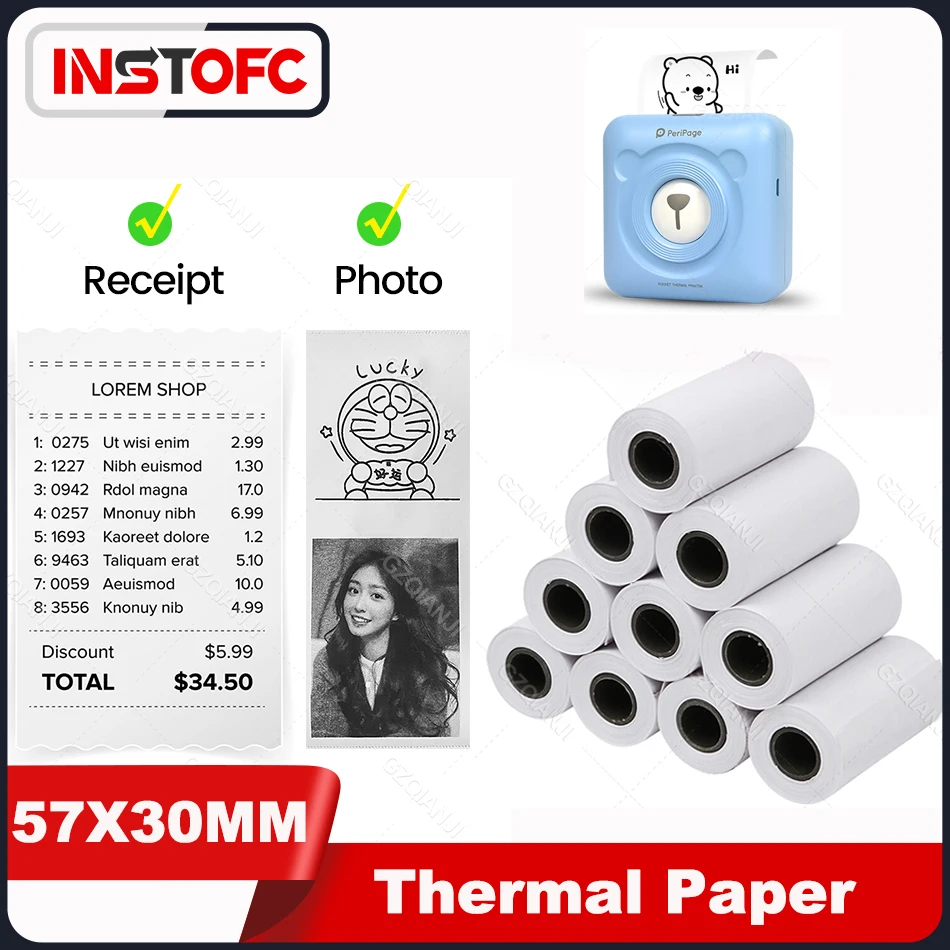 Mini WhiteThermal Paper Photo Receipt Printing for Wireless Bluetooth Peripage A6/PDA15 Bulit-in Printer 58x30mm Pure Color