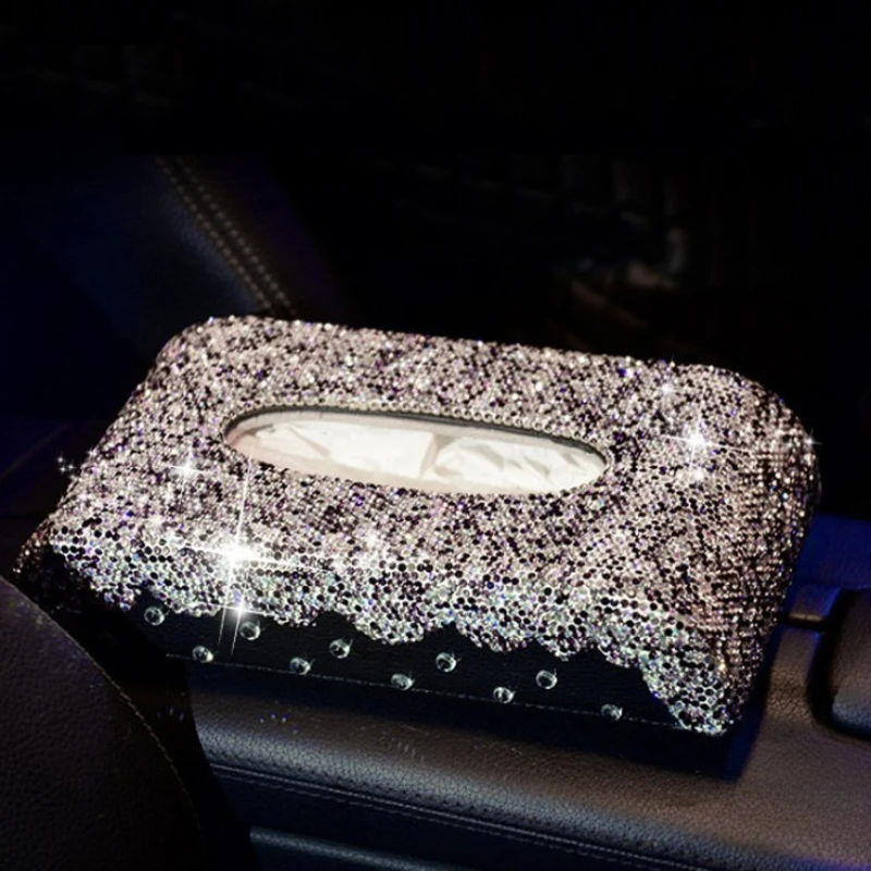 Glitter Diamond Crystal CarTissue Box Storage Paper Towel PU Leather Black Tissue Holder Towels Tissue Box Cover Auto Styling