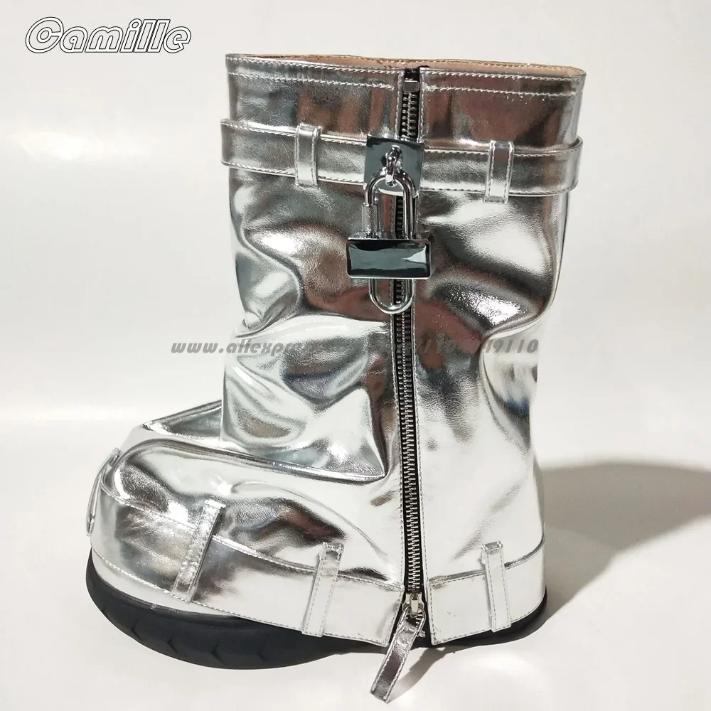 Solid Metal Lock Shark Buckle Side Zipper Trouser Boots Size 35-44 Thick Sole Mid Calf Boots Round Toe Platform Casual Boots