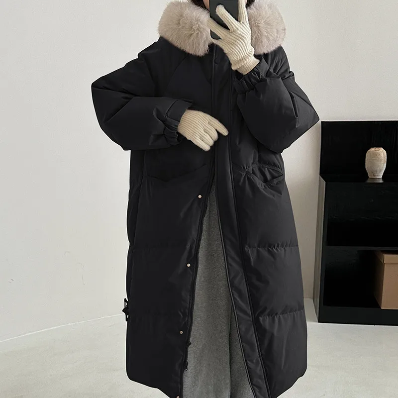 

Winter Big Fur Collar Hooded Jacket Long Thick Warm Down Cotton Padded Coat Couple's Loose Casual Large Pocket Windbreak Parka