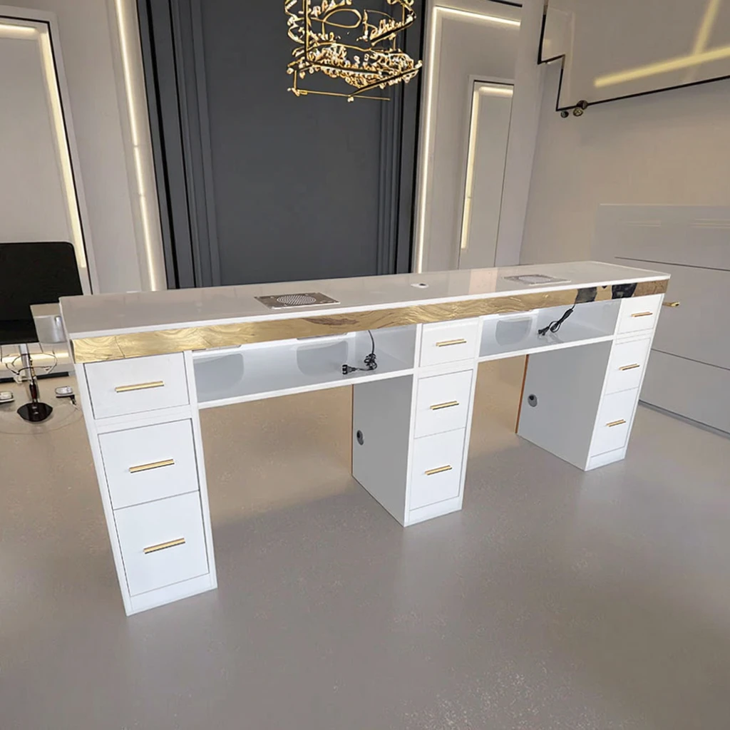 Double Station Nail Desk, Marble Manicure Table with Vacuum Dust Collector, MDF Salon Furniture for Studio, Customizable