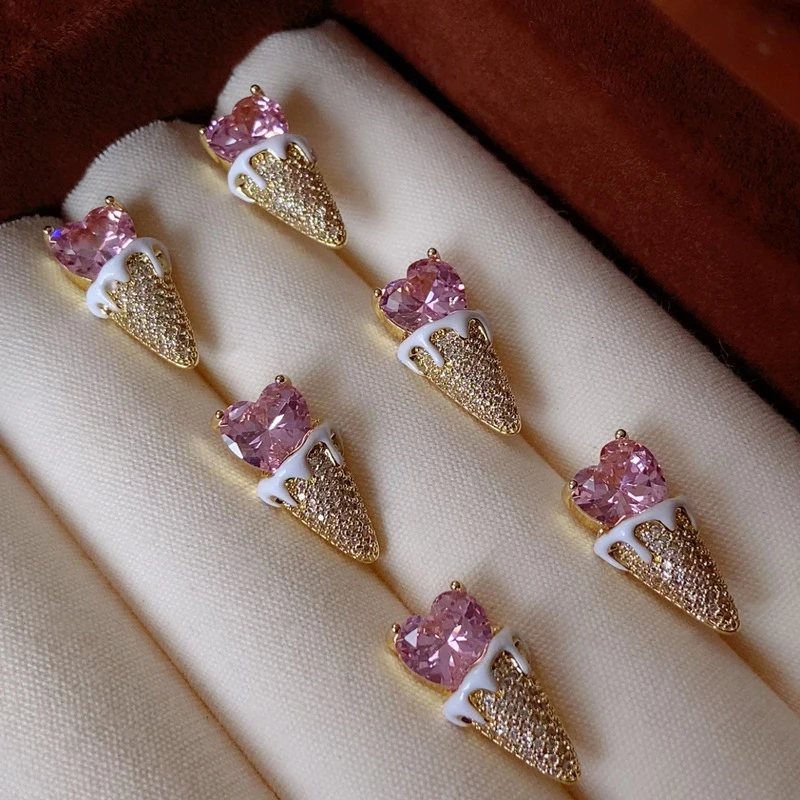 Creative fun pink love cone ice cream earrings sweet cute delicate ear accessory for women