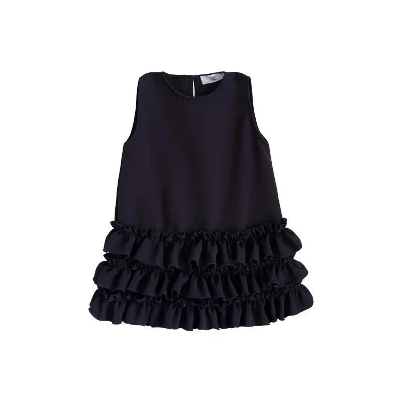 Baby Girls Dress 2023 New Korean Children\'s Wear Summer Children\'s Fashionable Sweet Black Lace Sleeveless Dress