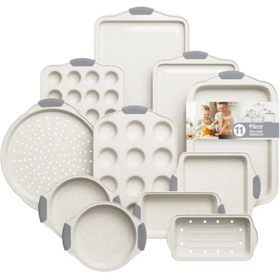 

11-Piece Nonstick Baking Pans Set Stackable Non Toxic Bakeware Sets with Cookie Sheets Cake Pan Loaf Pan Pizza Pan Muffin Pan W