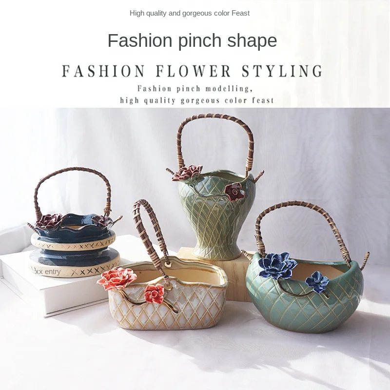 

Vase Ceramic Hand-Pinching Flower Rattan Succulent Hanging Basket Simple Fashion Personalized Creative BreathableSet Combination