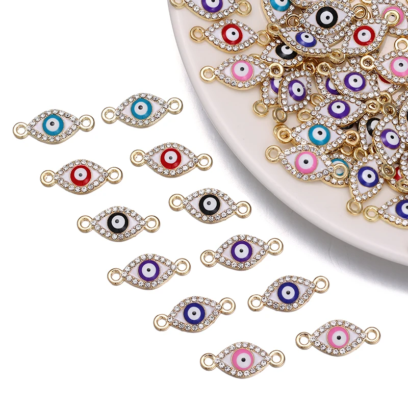 

10Pcs Enamel Evil Eye Charm Connector Turkish Blue Eye Rhinestone Pendant Bracelet Necklace Amulet DIY Jewellery Making Supplies