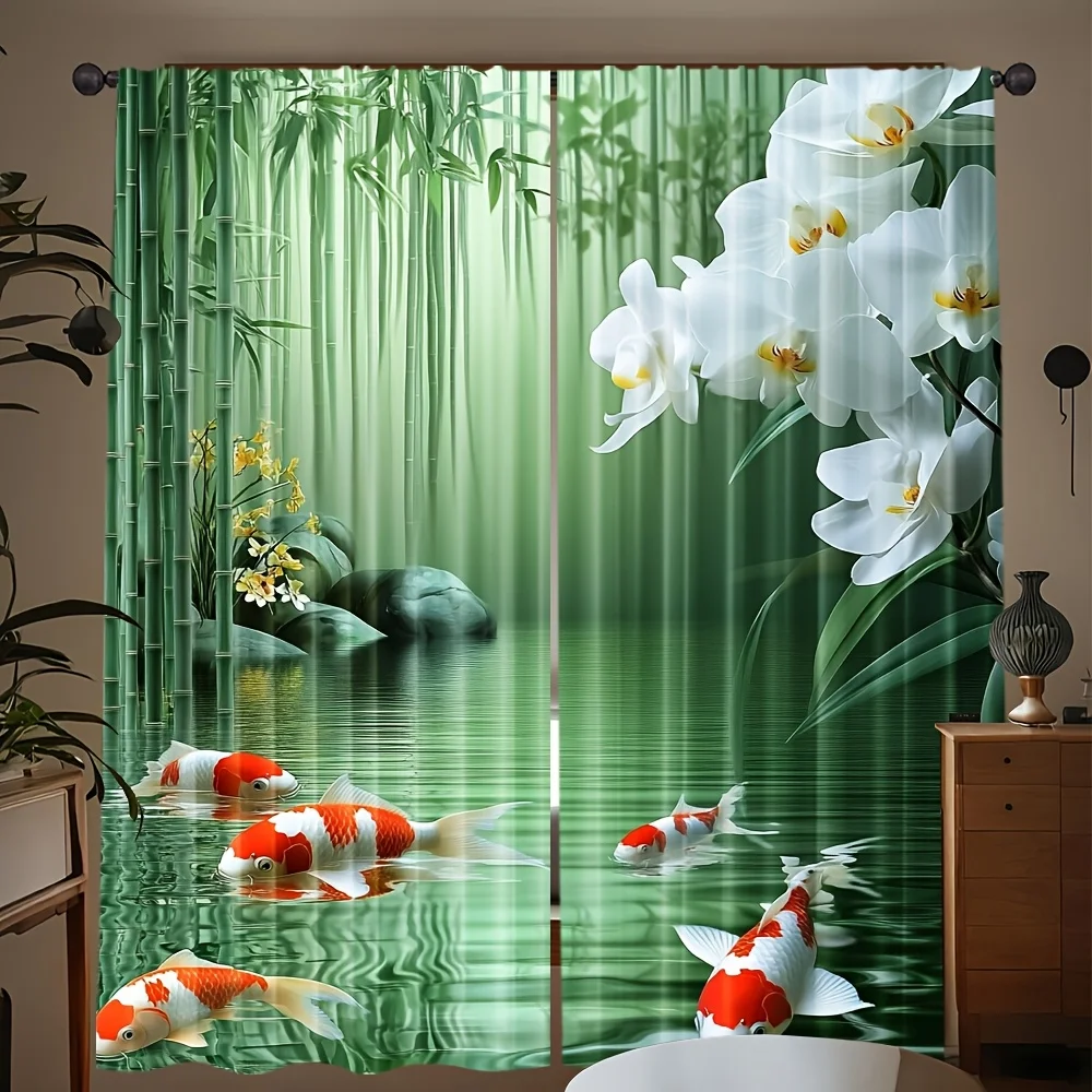 Cortina de bambú verde con orquídeas y estanque, 2 paneles, fondo verde claro con piedras, cortina principal, decoración oriental para el hogar de la suerte