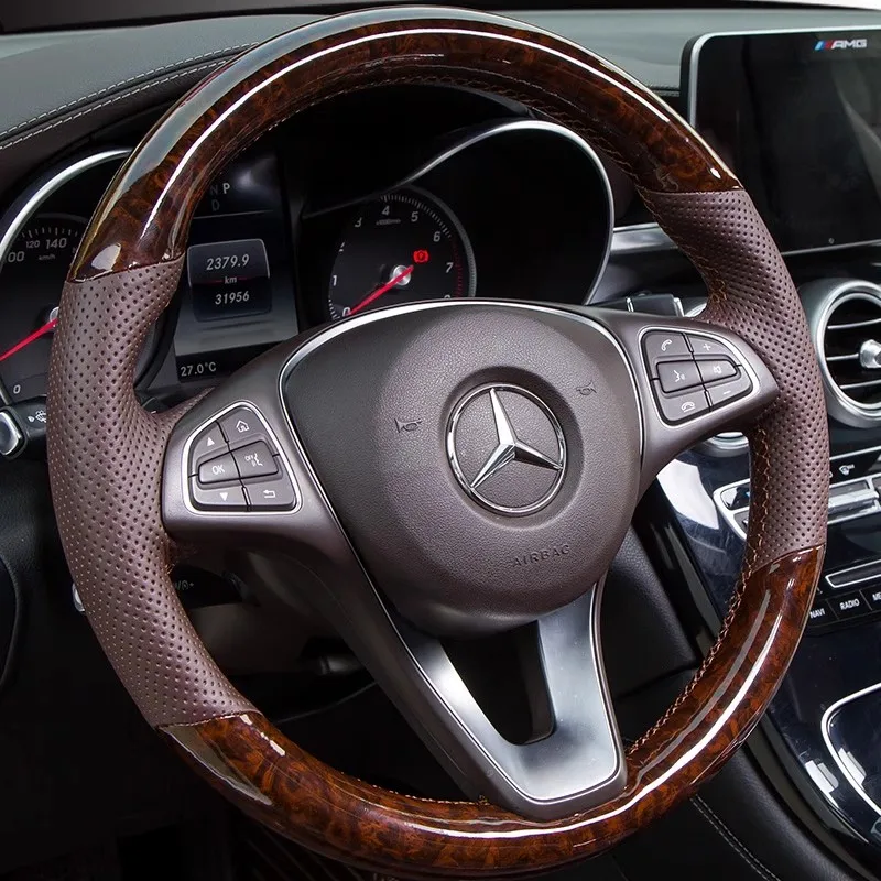 

Hand-stitched peach wood grain brown Genuine Leather car Steering Wheel Cover For Mercedes-Benz C180 C200 W205 C300 B200