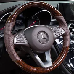 Hand-stitched peach wood grain brown Genuine Leather car Steering Wheel Cover For Mercedes-Benz C180 C200 W205 C300 B200