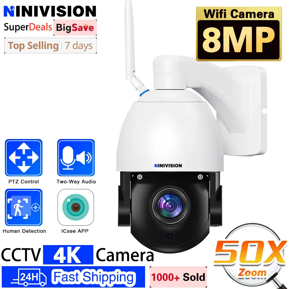 

4K 8MP Camera 50X Zoom PTZ WiFi IP Camera Outdoor RJ45 Network IR Night CCTV Metal Shell Security-Protection ICsee/XMeye Video