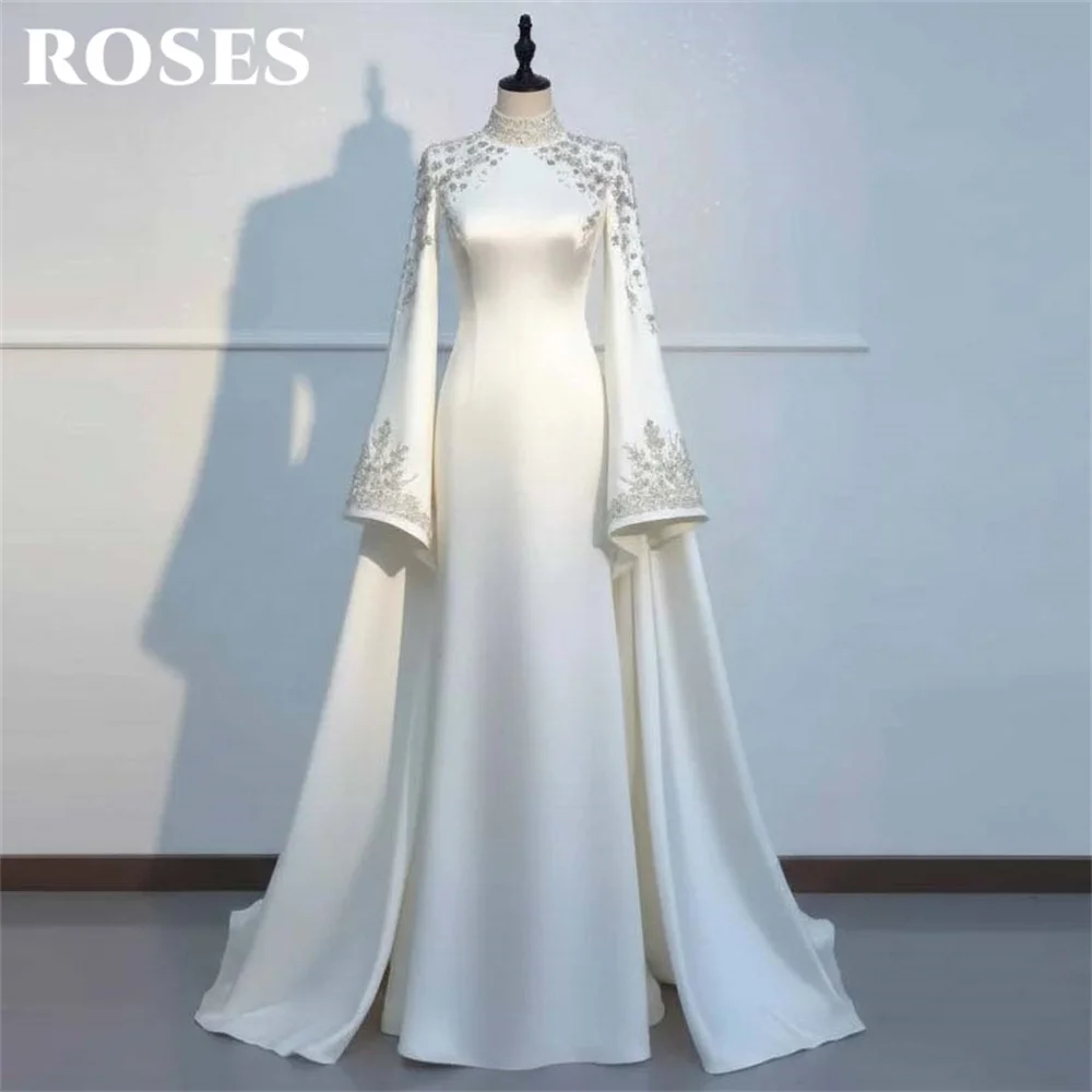 

ROSES White Evening Dress High Neck Off the Shoulder Long Sleeve Party Dresses with Crystal Prom Gown robes du soir Customized
