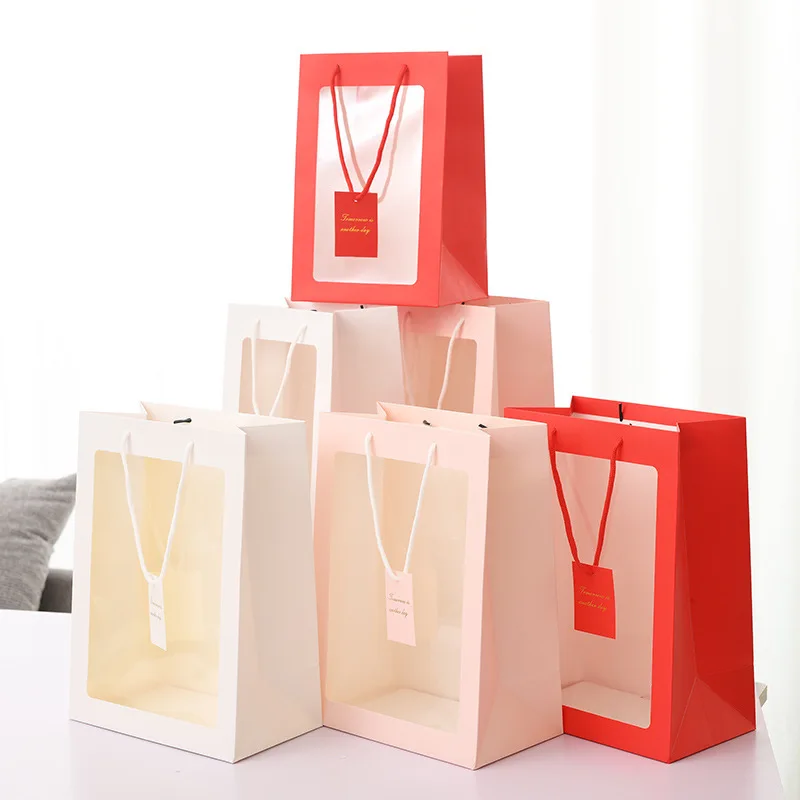 

10pcs Transparent window bag handbag flower packaging bag gift bag window opening handbag gift bag with hand gift