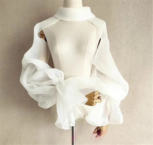 Organza Wedding Shrug Puffy Full Trumpet Sleeves High Neck Backless Bride Bolero Bridal Jacket Formal Party Shrug Women Cape