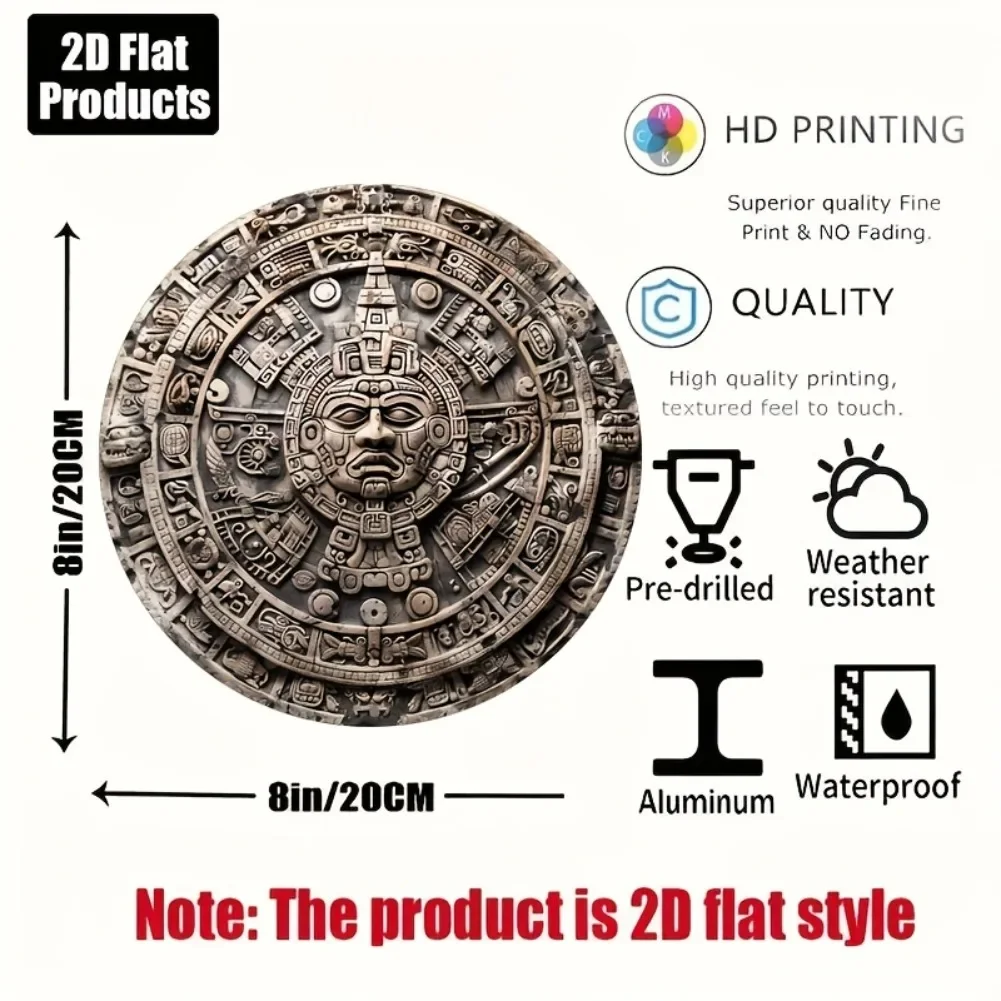Vintage Aztec Calendar Sun Stone Round Tin Sign, 3D Effect Mayan Calendar Metal Wall Art, Ancient Mesoamerican Decorative Tin Si