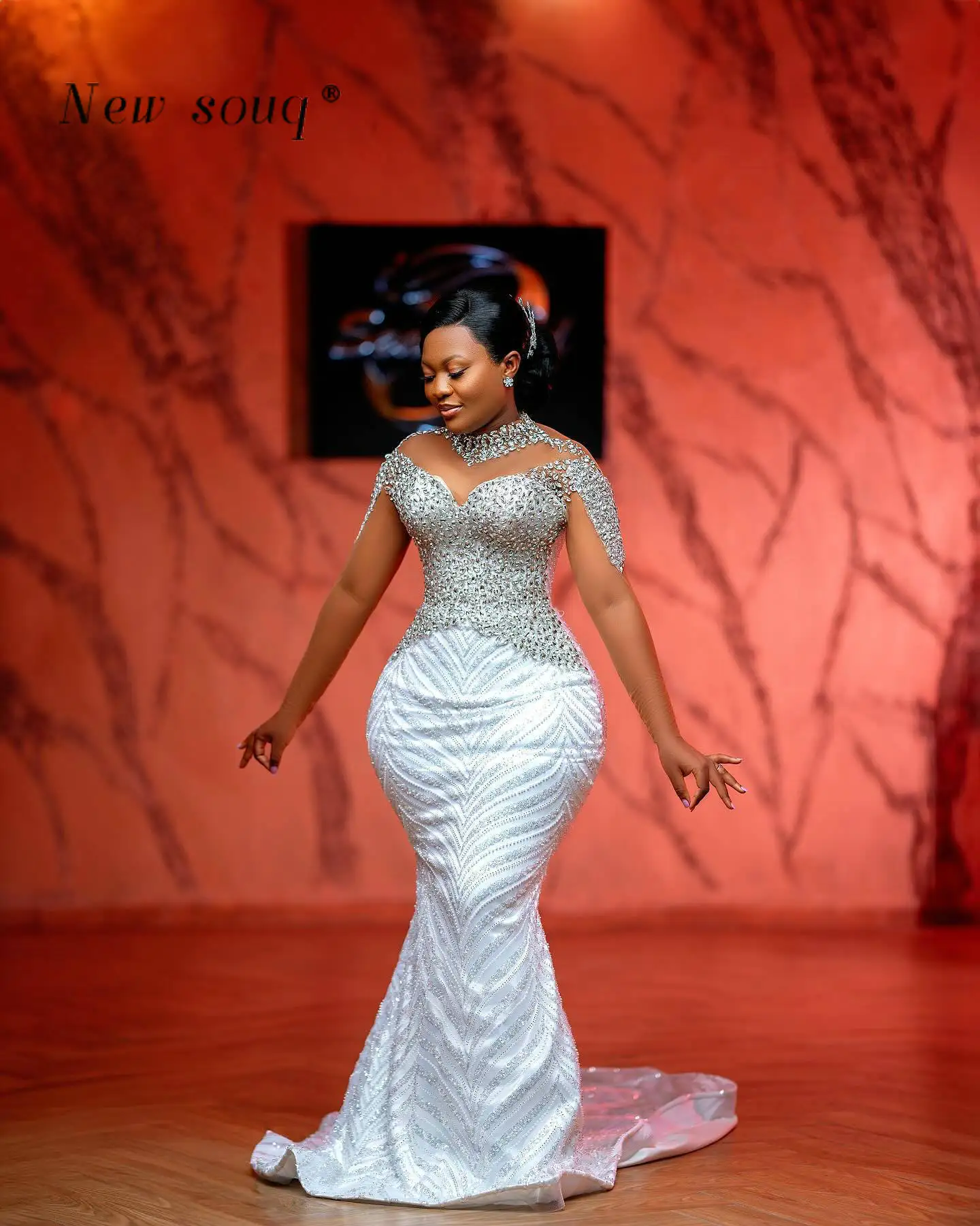 African American Plus Size Mermaid Wedding Dresses with Detachable Train 2024 Sparkling Crystals Stones Long Sleeves Bridal Gown