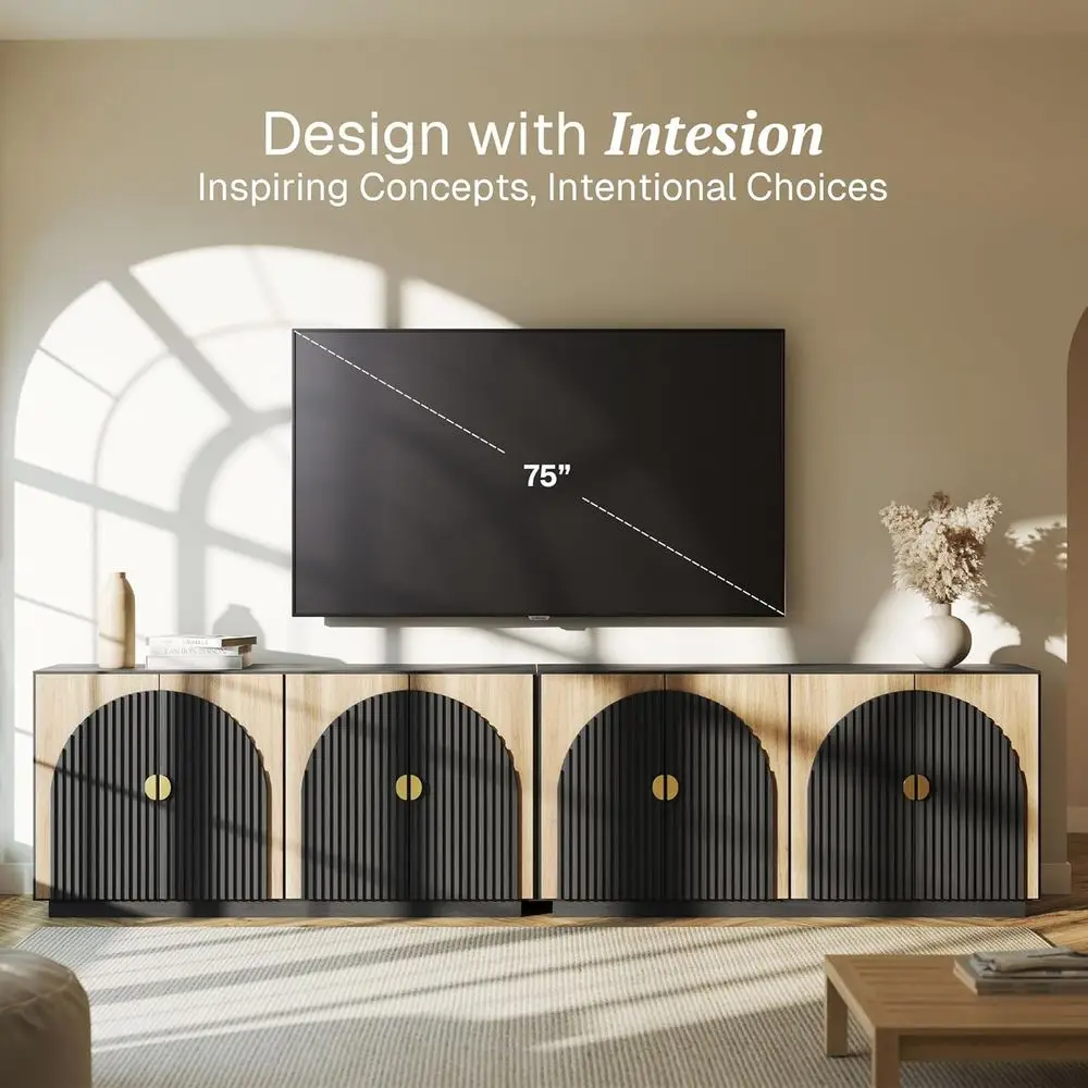 65 Large Camel-Colored Luted Buffet Cabinet with Storage, Symmetrical Arc Design for Dining & Living Spaces