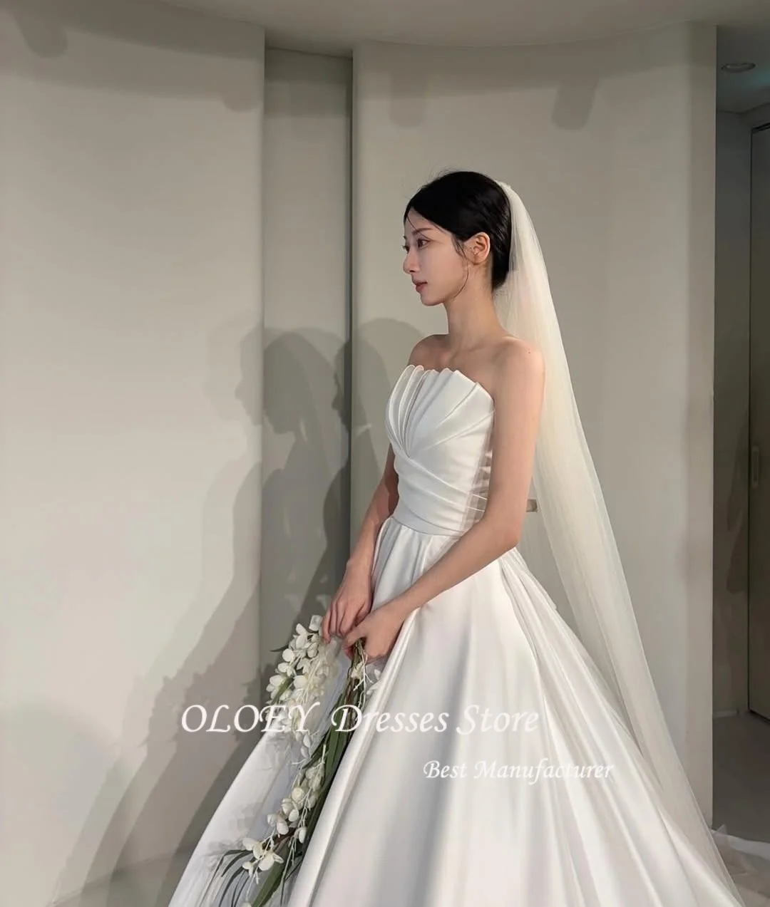 

OLOEY Strapless Elegant Wedding Dresses Customized 프롬드레스 Satin Princess Korea Pretty Ivory Bride Gowns Party Women Bride