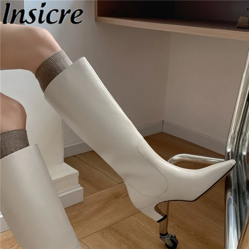 

Insicre 2024 Fashion Women's Knee High Boots Cow Leather Mid Heels Square Toe Handmade Winter Shoes Top Quality