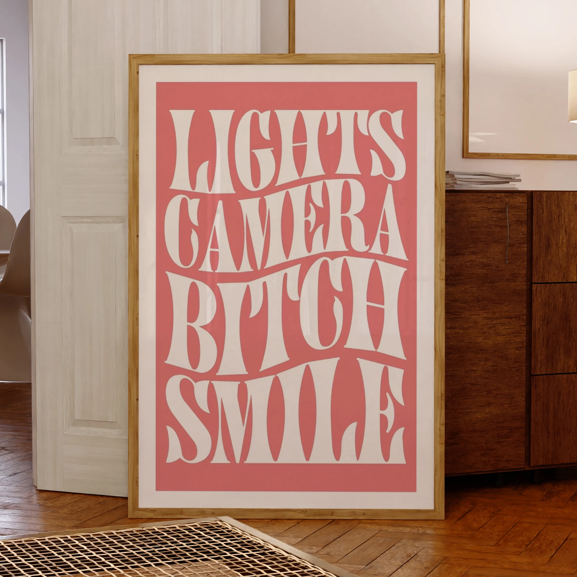 Luces Cámara sonrisa fondo rosa impresiones artísticas de pared lienzo pintura póster imagen para sala de estar decoración del hogar