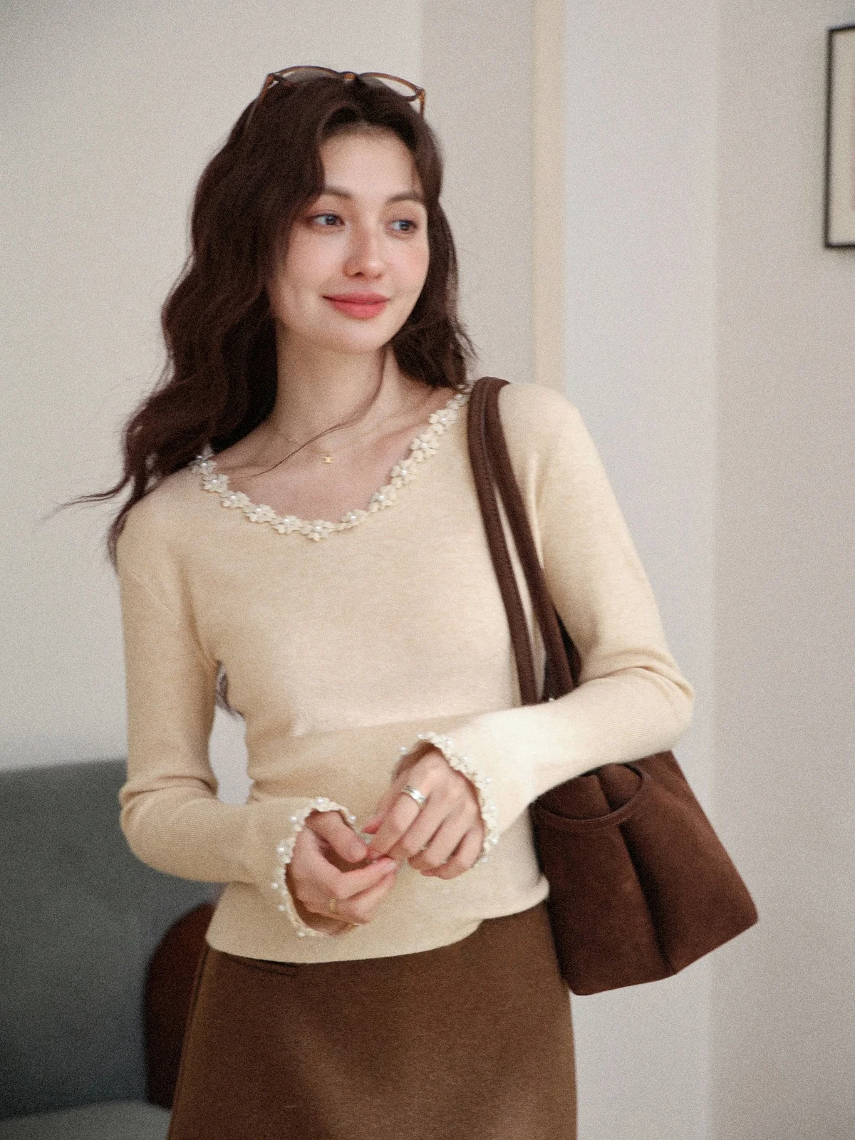 

Warm Oatmeal Knitted Sweater Women's Autumn Winter Slim Fit Base Layer Top round Neck Long Sleeve Regular Length Commute Style