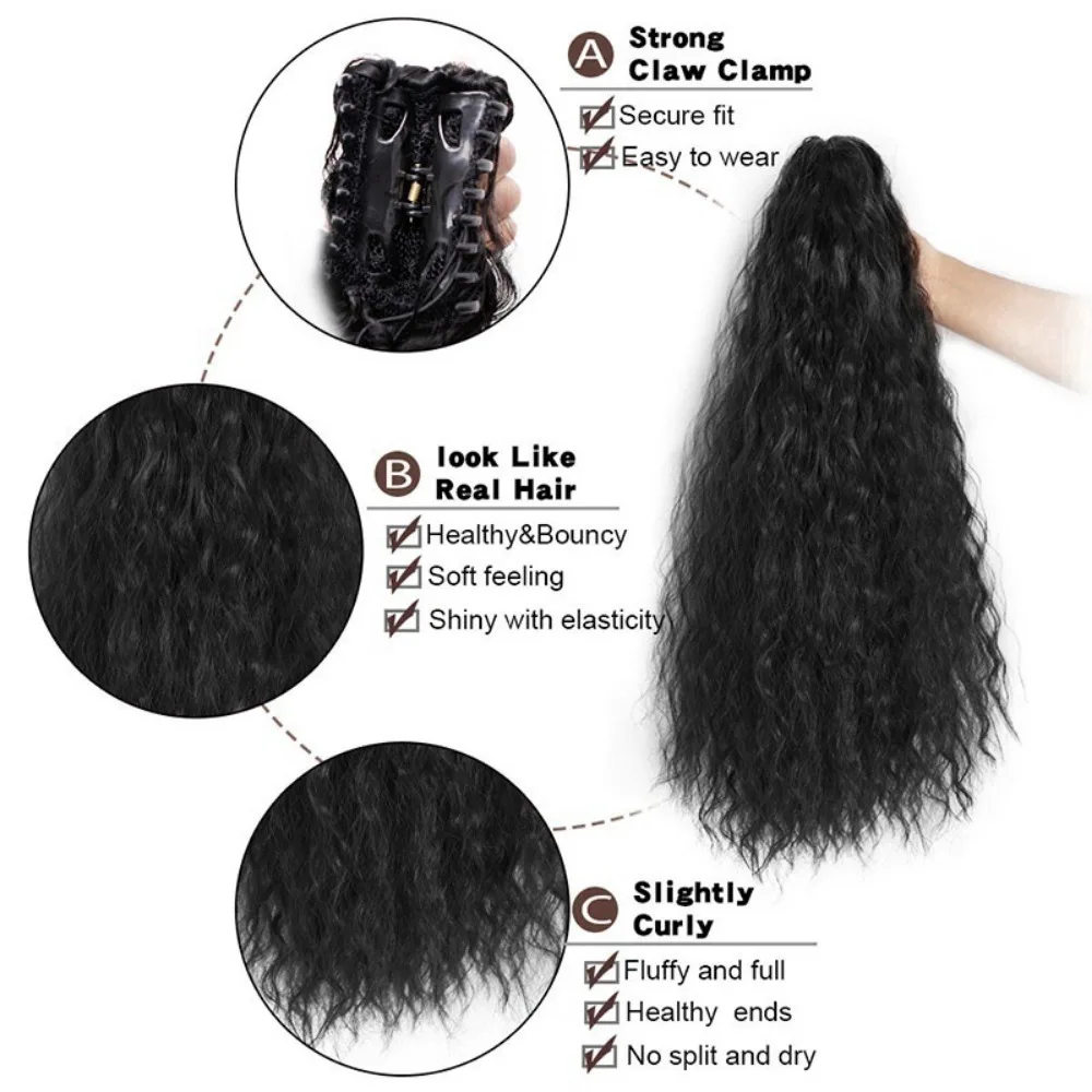 Long Black Drawstring Ponytail Extension for Women Synthetic Curly Wavy Clip in Ponytail Hair Extensions for Daily Party Use