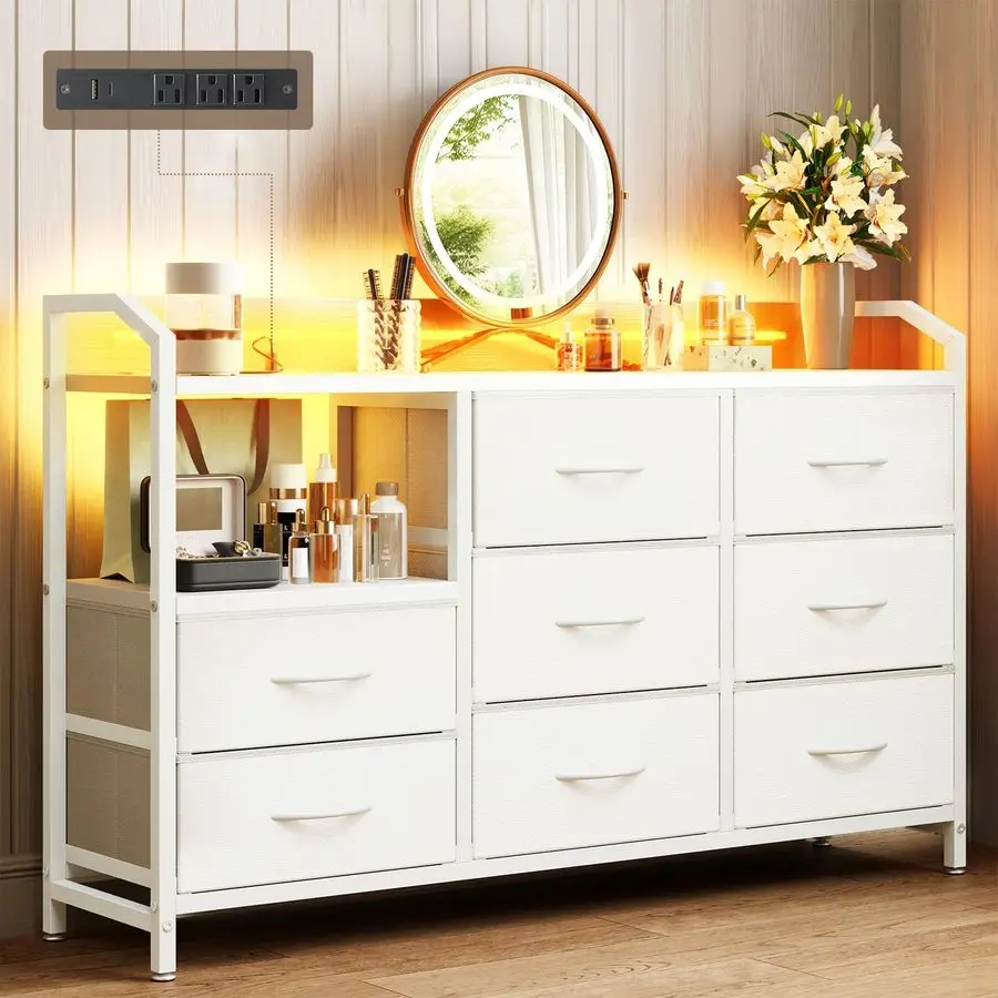 White Dresser for Bedroom with Light Strip amp Power Outlet 8 Drawers Dressers amp Chest of Drawers with Shelf, Wood Top, Metal