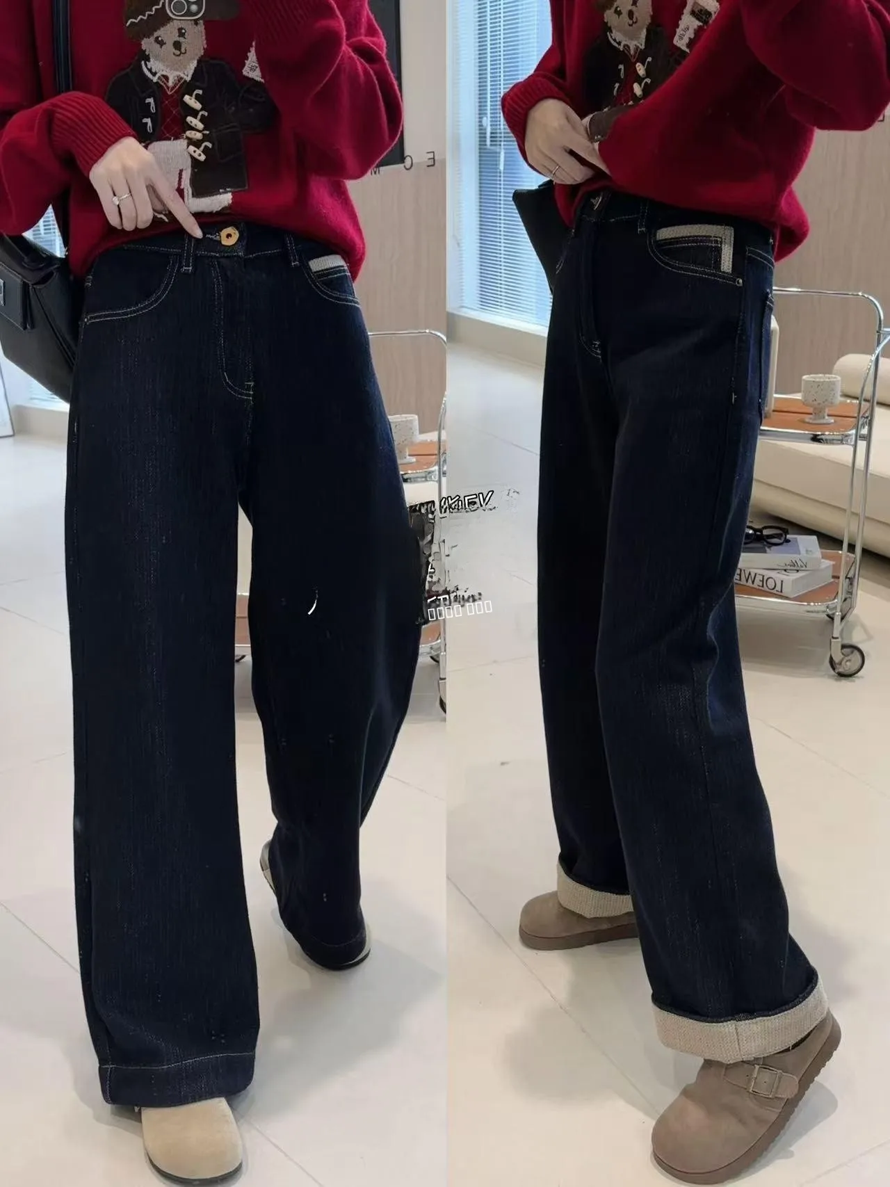 

Женские зимние джинсы из вельвета в клетку, прямые, повседневные, с застежкой на молнии на талии