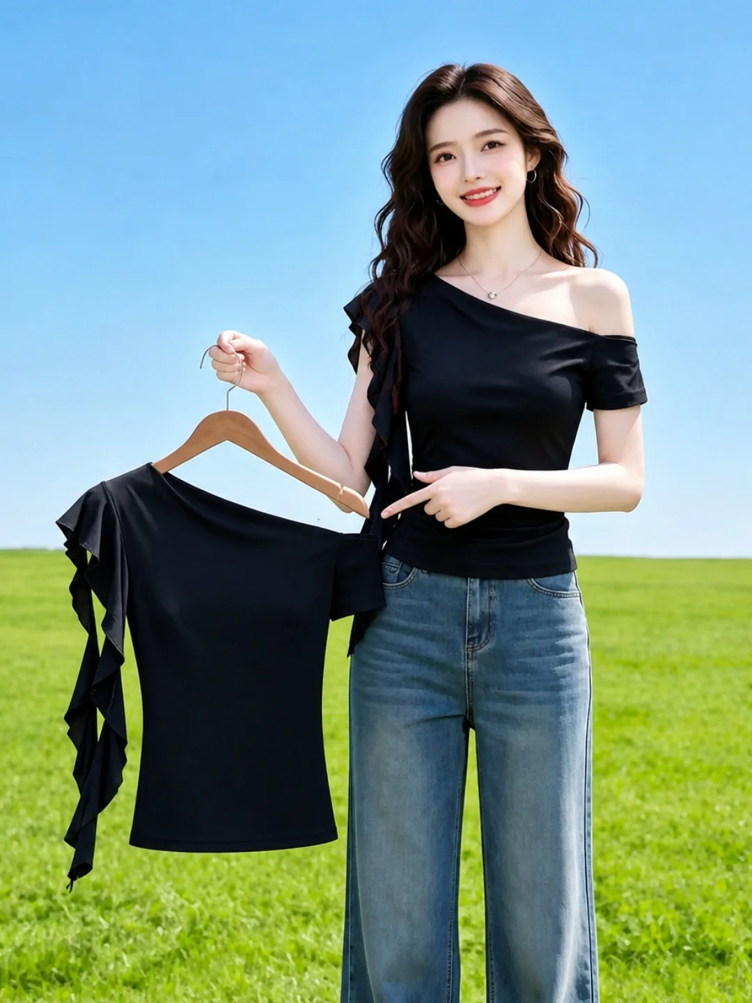 

Korean Style Pure Color Slim Fit Short Sleeve T-Shirt Women's Fashionable Commute Design Shoulder Angle Shirt Summer Versatile
