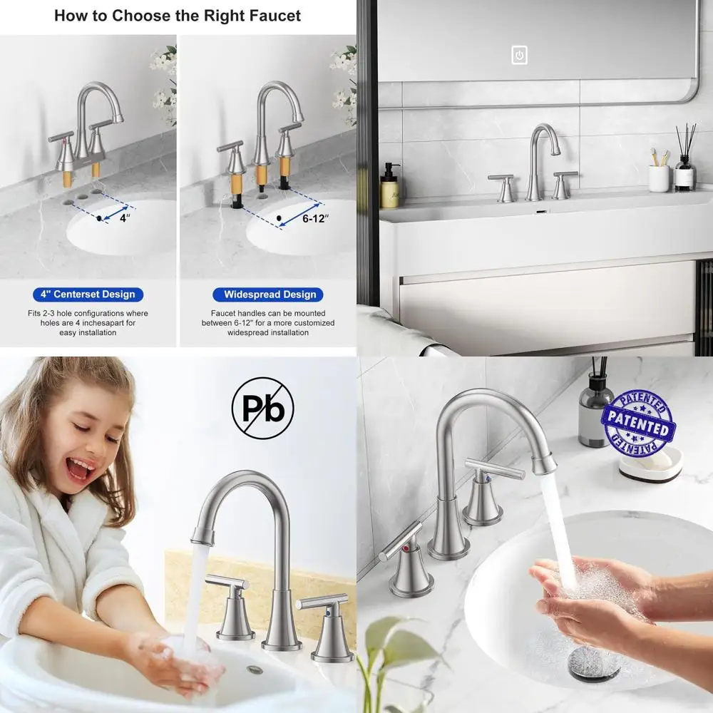 

3-Hole Brushed Nickel Sink Faucet with Pop-Up Drain and Supply Lines, Lead-Free Stainless Steel Widespread for Vanity and Farmho