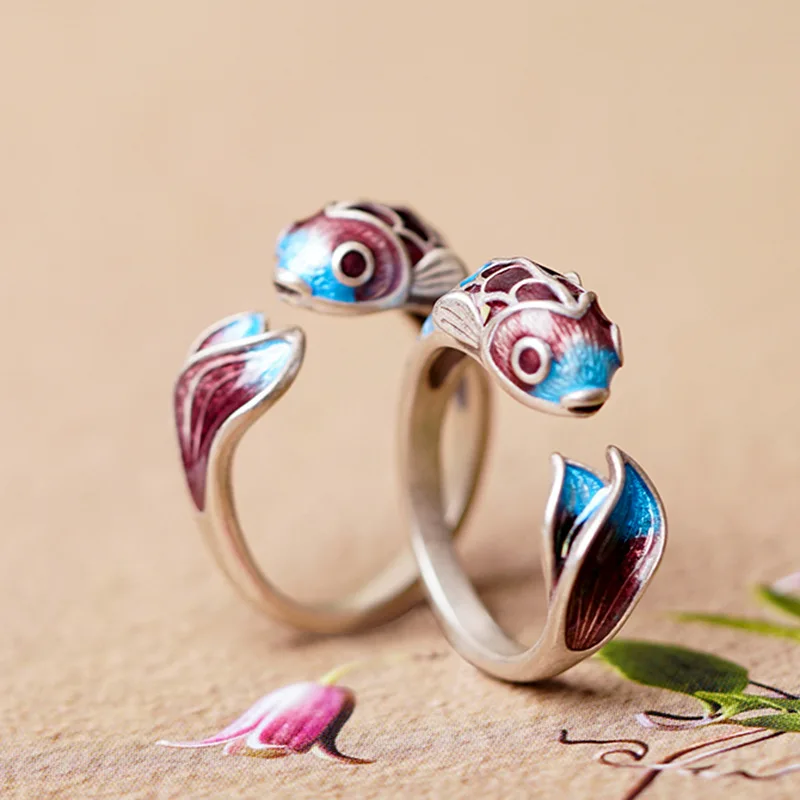 

Chinese style Koi ring for women, enamel color drip glue adjustable opening, retro ethnic style, best friend ring for women