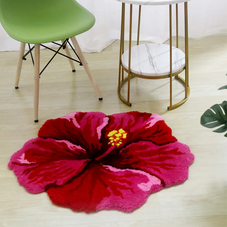 80X60cm Red Hibiscus Flower Flocking Rug Bathroom Bath Mat Non-slip Carpet Bedroom Living Room Handmade Shaggy Floor Pad Doormat