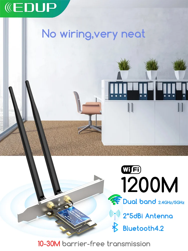 EDUP 9620 AC1200Mbps WI-FI พร้อมบลูทูธ 4.2 PCI Express Adapter 2.4 GHz/5.8 GHz ไร้สายสําหรับ PC ยาวช่วงความเร็วสูง