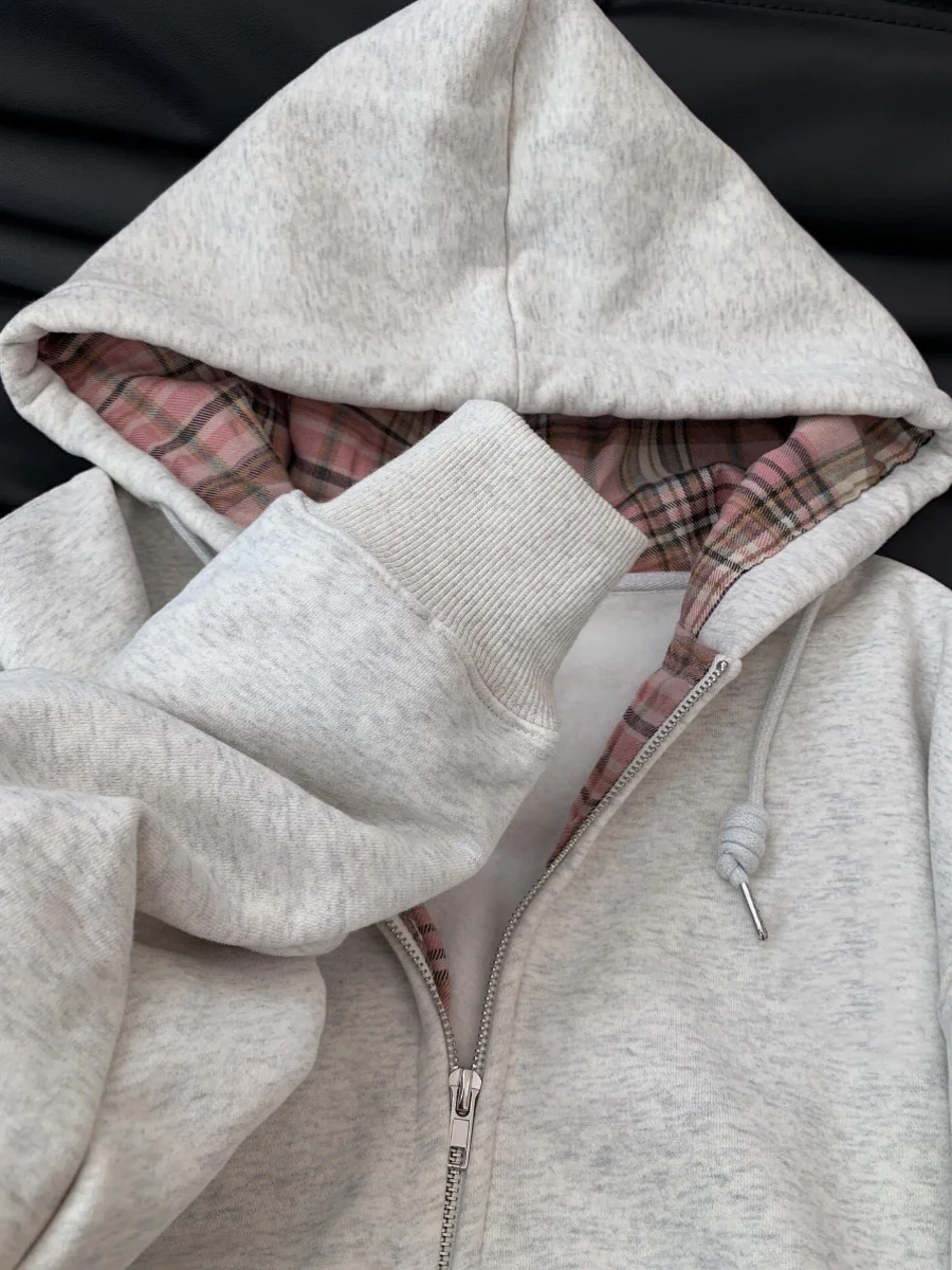 Retro Patchwork Plaid Gray Hoodie Women Autumn Zipper Cardigan Tops Versatile Loose Casual Outerwear Female