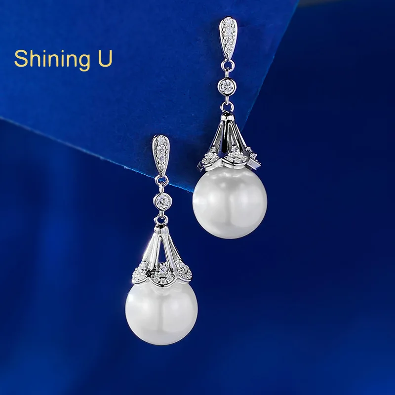 

Shining U S925 Silver 12mm Shell Pearl Drop Earrings for Women Fine Jewelry Wedding